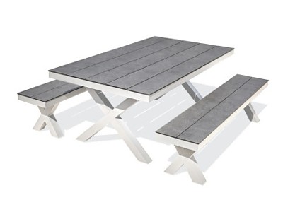 Table de jardin ANNECY 175x100 aluminium blanc, plateau et bancs DCB Garden