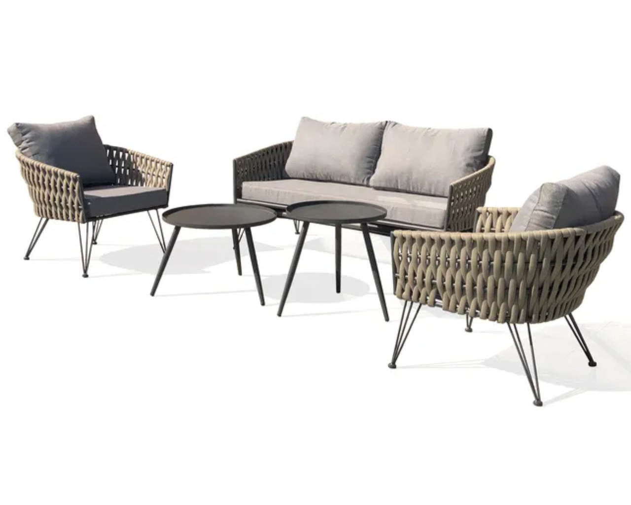 Salon bas de jardin CAPRI 4 places corde tissee taupe et acier gris DCB Garden