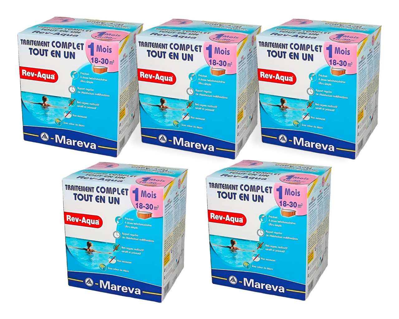 Pack 5 mois traitement sans chlore Mareva REV-AQUA 4 en 1 piscine 18 a 30m³