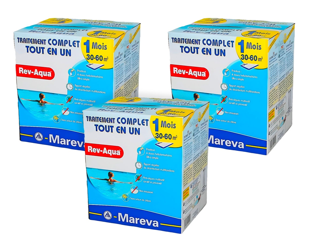 Pack 3 mois traitement sans chlore Mareva REV-AQUA 4 en 1 piscine 30 a 60m³