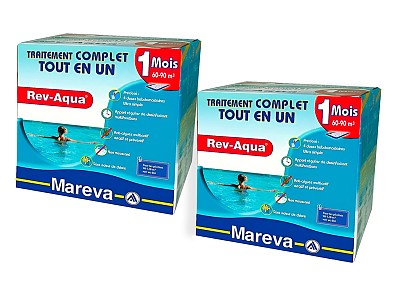 Pack 2 mois traitement sans chlore Mareva REV-AQUA 4 en 1 piscine 60 a 90m³