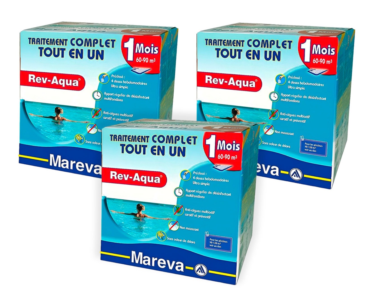 Pack 3 mois traitement sans chlore Mareva REV-AQUA 4 en 1 piscine 60 a 90m³