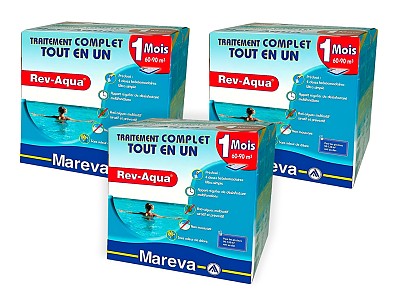 Pack 3 mois traitement sans chlore Mareva REV-AQUA 4 en 1 piscine 60 a 90m³