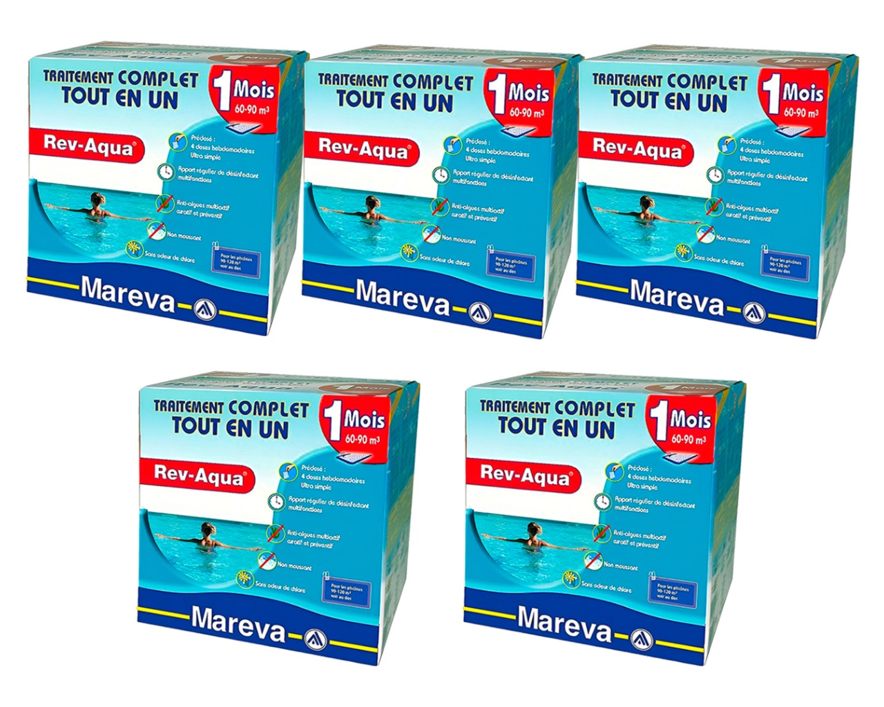 Pack 5 mois traitement sans chlore Mareva REV-AQUA 4 en 1 piscine 60 a 90m³