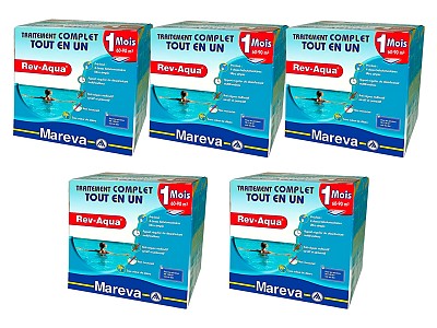 Pack 5 mois traitement sans chlore Mareva REV-AQUA 4 en 1 piscine 60 a 90m³