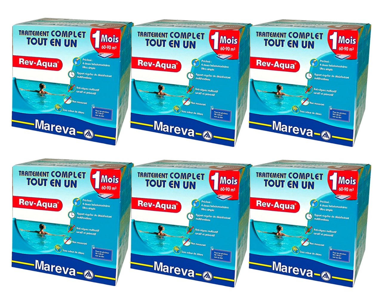 Pack 6 mois traitement sans chlore Mareva REV-AQUA 4 en 1 piscine 60 a 90m³