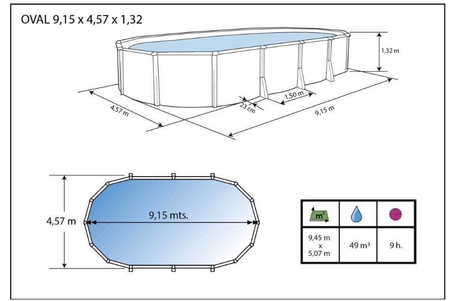 Piscine hors-sol acier Toi IBIZA Prestige ovale 915X457X132cm filtre a sable - Dimensions de la piscine Toi IBIZA
