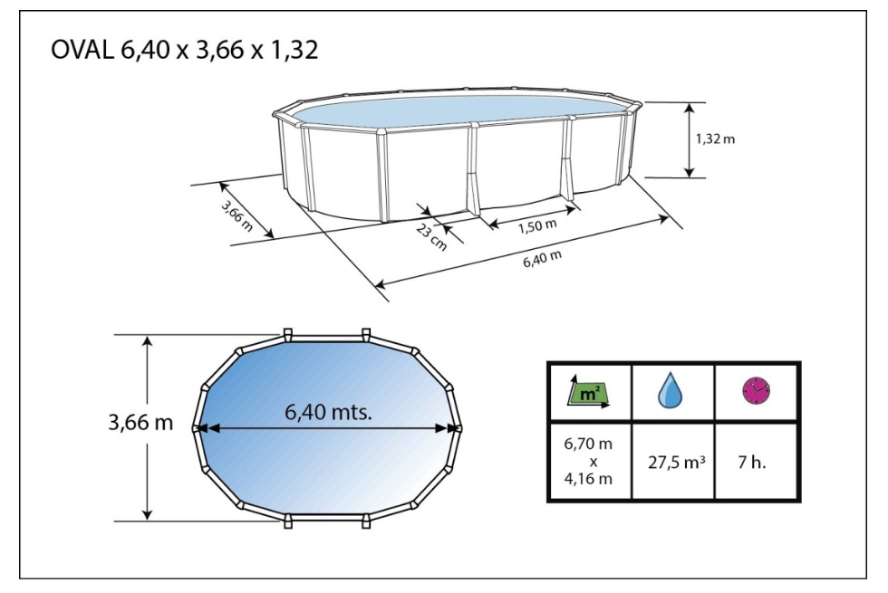 Piscine hors-sol acier Toi IBIZA Prestige ovale 640X366X132cm filtre a sable - Dimensions de la piscine Toi IBIZA