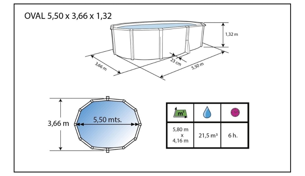 Piscine hors-sol acier Toi IBIZA Prestige ovale 550X366X132cm filtre a sable - Dimensions de la piscine Toi IBIZA