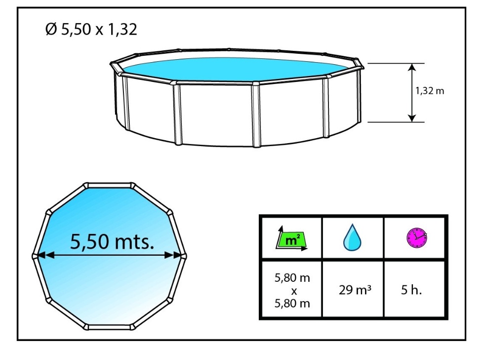 Piscine hors-sol Toi MAGNUM ronde 5.50 x 1.32m filtre a sable 6m3/h + echelle securite - Dimensions de la piscine Toi MAGNUM