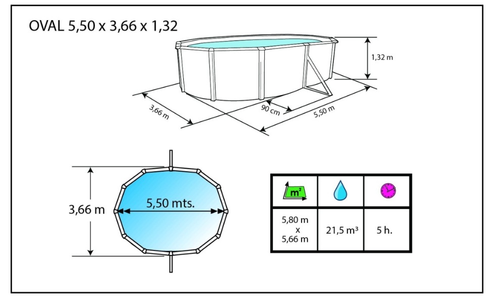 Piscine hors-sol acier Toi MAGNUM ovale 550x366x132cm filtre a sable 6m3/h - Dimensions de la piscine Toi MAGNUM