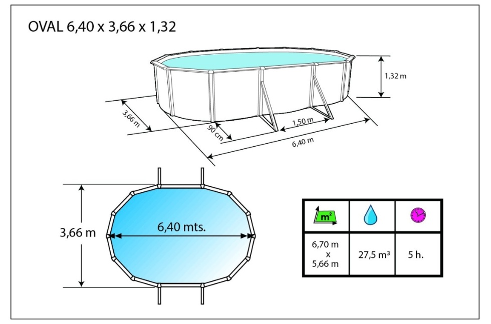 Piscine hors-sol acier Toi MAGNUM ovale 640x366x132cm filtre a sable 6m3/h - Dimensions de la piscine Toi MAGNUM 