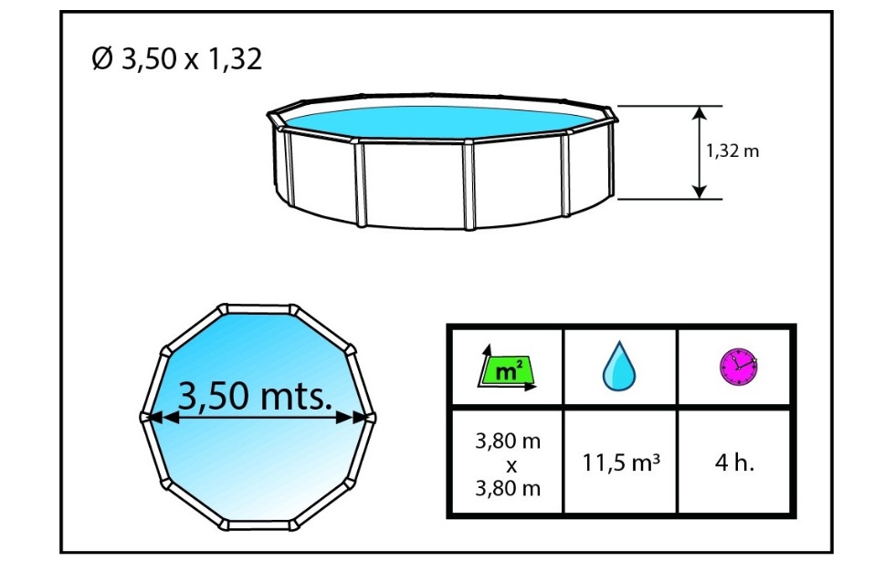 Piscine hors-sol Toi PRESTIGIO ronde 3.50 x 1.32m filtre a sable 6m3/h + liner 60/100 - Dimensions de la piscine Toi PRESTIGIO