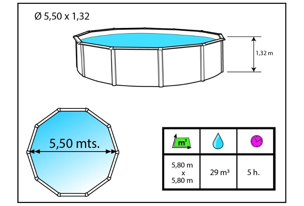 Piscine hors-sol Toi PRESTIGIO ronde 5.50 x 1.32m filtre a sable 8,5m3/h + liner 60/100 - Dimensions de la piscine Toi PRESTIGIO