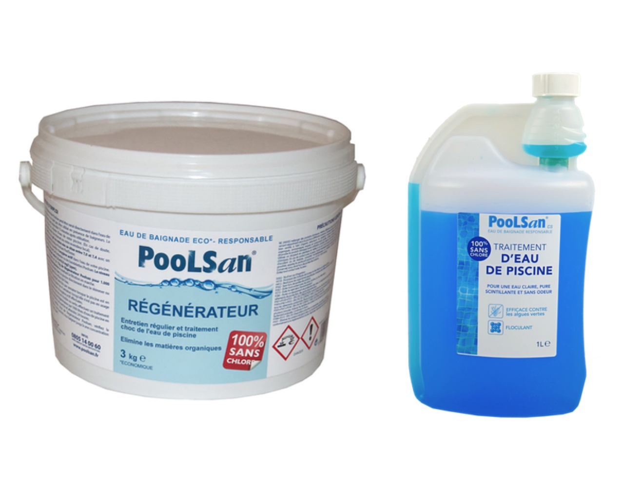 Pack Desinfection de l'eau POOLSAN sans chlore Regenerateur + Bouteille doseuse 1L