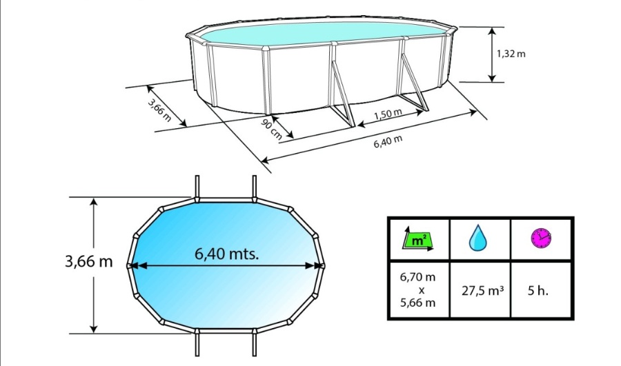 Piscine hors-sol acier Toi MAGNUM COMPACT ovale 640x366x132cm filtre 3.6mh/3 - Dimensions de la piscine Toi MAGNUM COMPACT