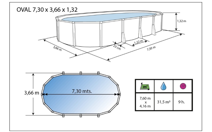 Piscine hors-sol acier Toi IBIZA ovale 730X366X132cm filtre a sable - Dimensions de la piscine Toi IBIZA