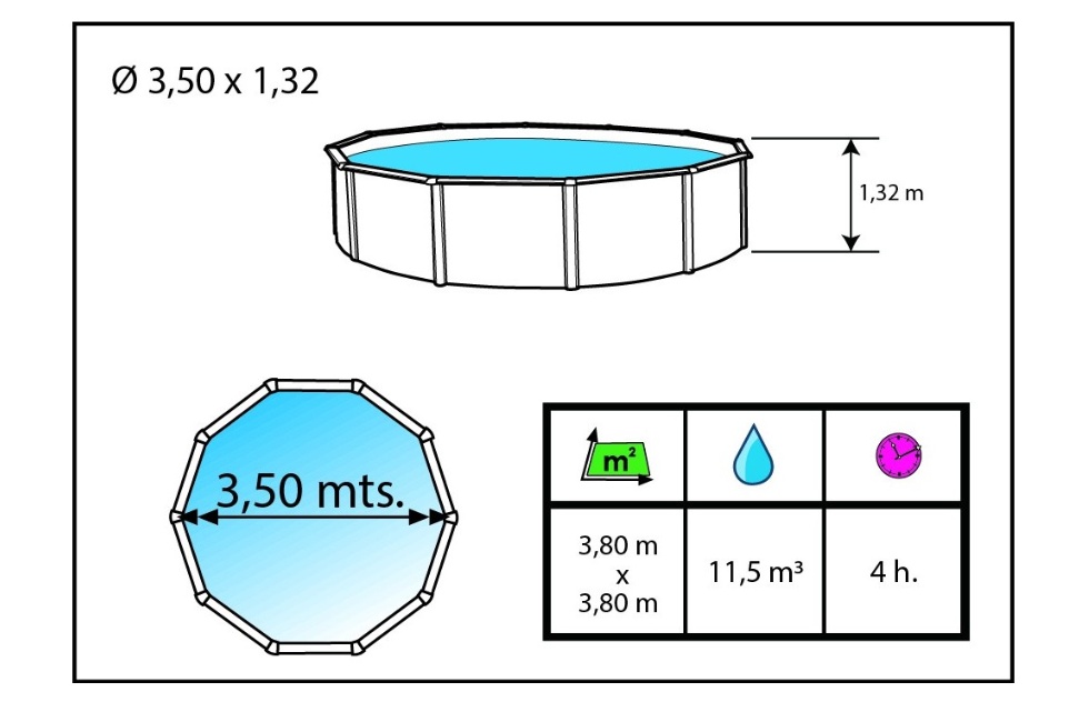 Piscine hors-sol Toi MAGNUM ronde 3.50 x 1.32m filtre a sable 6m3/h + echelle securite - Dimensions de la piscine Toi MAGNUM