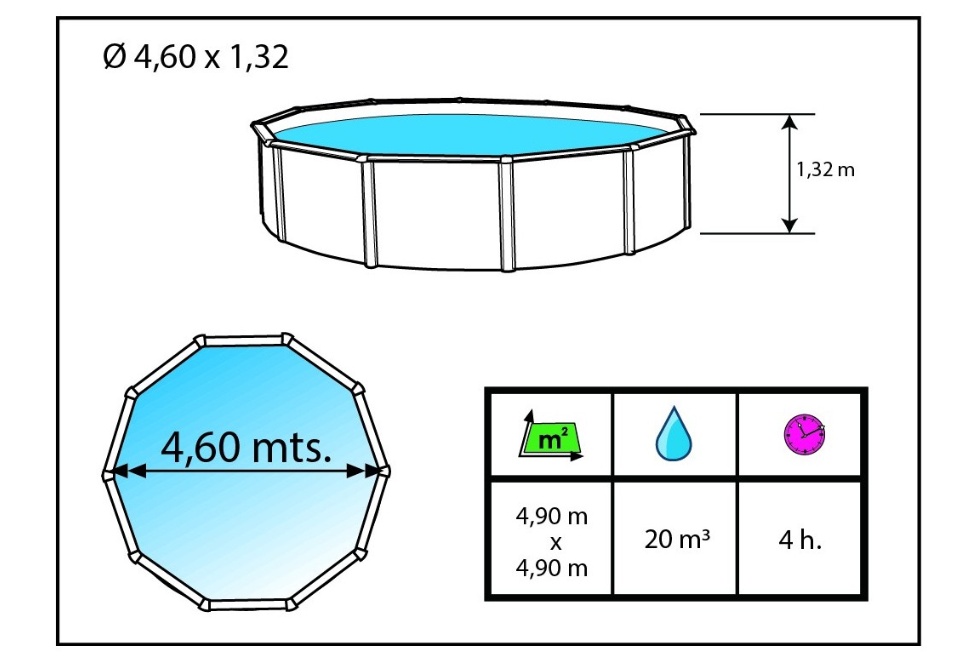 Piscine hors-sol Toi MAGNUM ronde 4.60 x 1.32m filtre a sable 6m3/h + echelle securite - Dimensions de la piscine Toi MAGNUM