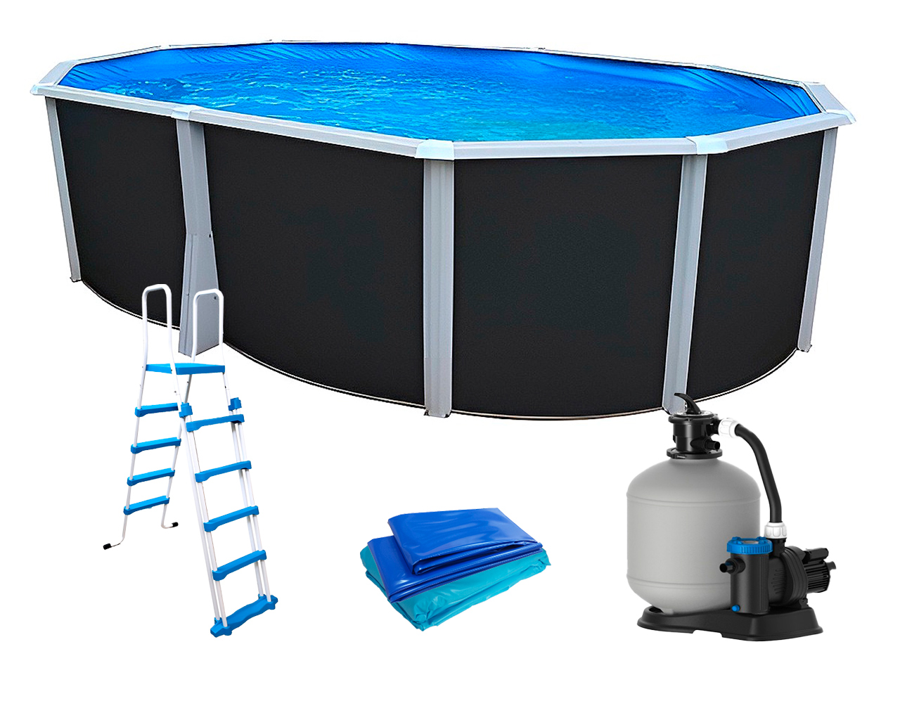 Kit piscine hors-sol acier Toi ANTHRACITE IBIZA ovale 550X366X132cm filtre a sable
