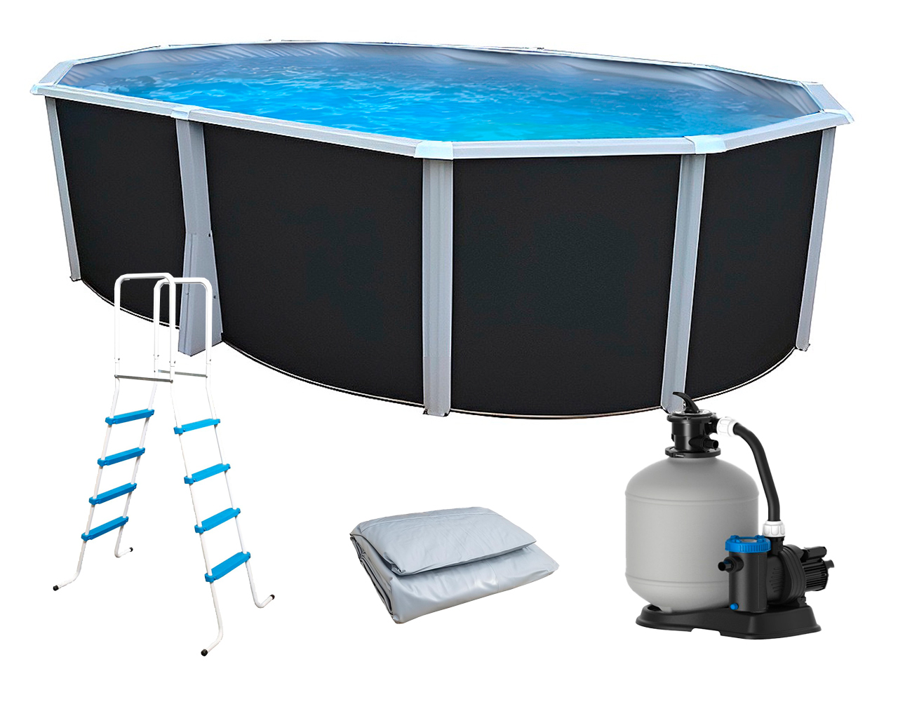 Kit piscine hors-sol acier Toi ANTHRACITE IBIZA ovale 550X366X132cm liner gris