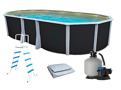 Kit piscine hors-sol acier Toi ANTHRACITE IBIZA ovale 640X366X132cm liner beige