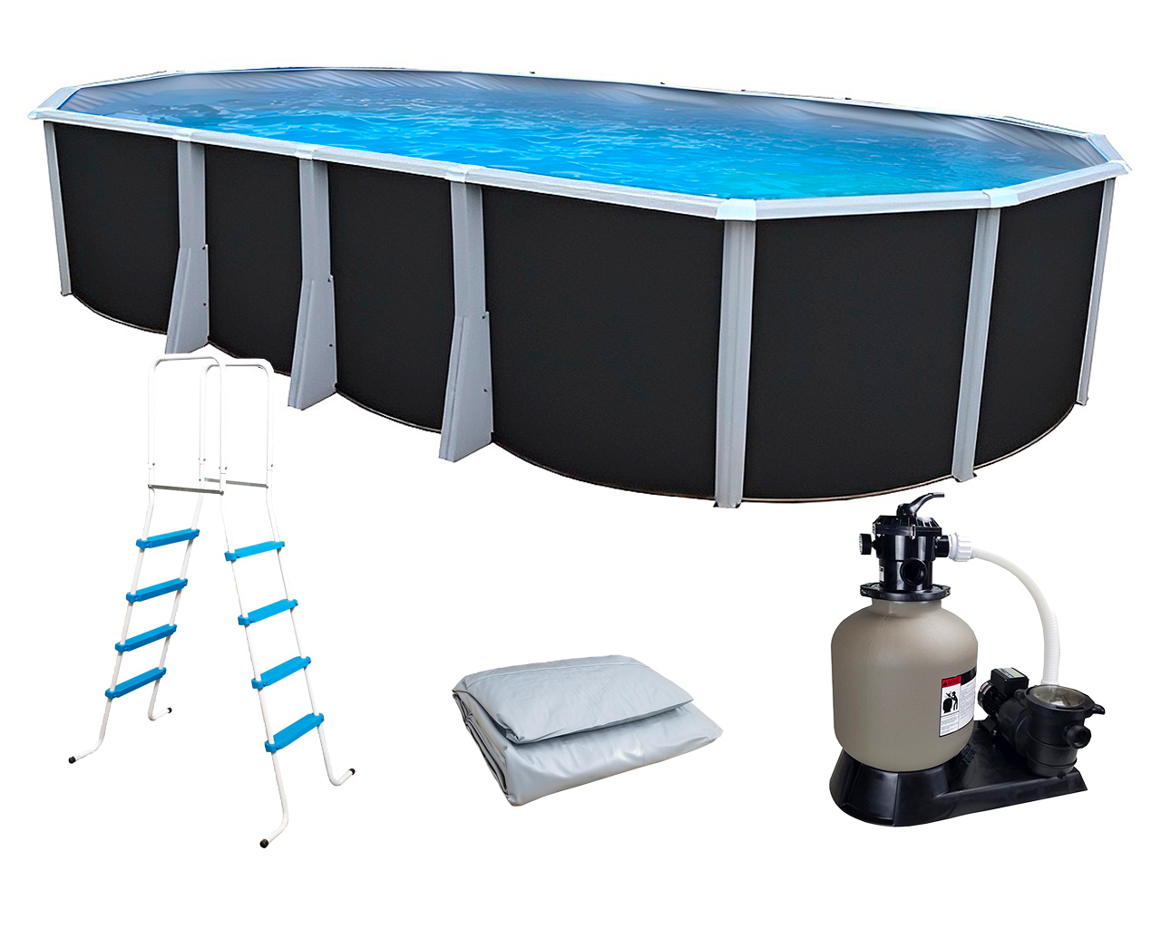 Kit piscine hors-sol acier Toi ANTHRACITE IBIZA ovale 730X366X132cm liner gris