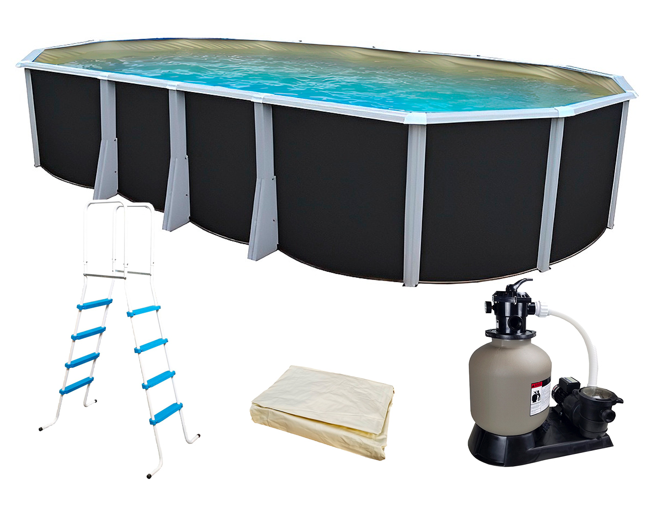 Kit piscine hors-sol acier Toi ANTHRACITE IBIZA ovale 730X366X132cm liner beige