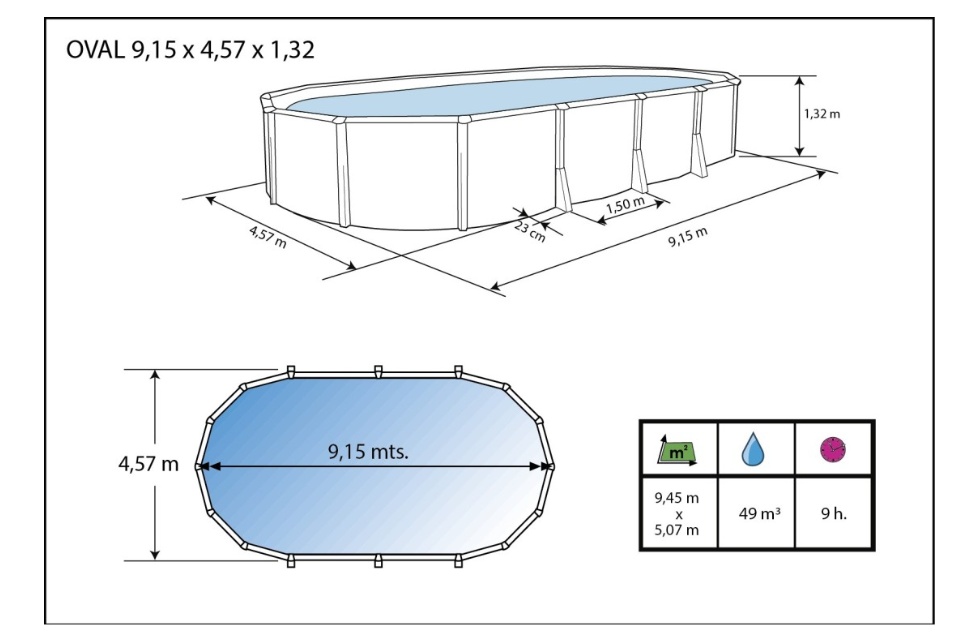 Kit piscine hors-sol acier Toi ANTHRACITE IBIZA ovale 945X457X132cm filtre a sable - Dimensions de la piscine Toi IBIZA COMPACT