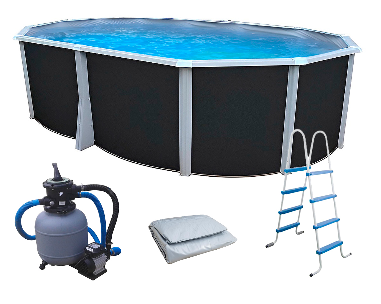 Kit piscine hors-sol acier Toi ANTHRACITE IBIZA COMPACT ovale 550X366X132cm liner gris
