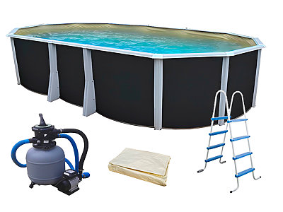 Kit piscine hors-sol acier Toi ANTHRACITE IBIZA COMPACT ovale 640X366X132cm liner beige