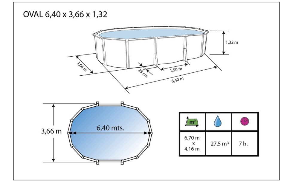 Kit piscine hors-sol acier Toi ANTHRACITE IBIZA PRESTIGIO ovale 640X366X132cm liner 0,60mm - Dimensions de la piscine Toi PRESTIGIO IBIZA