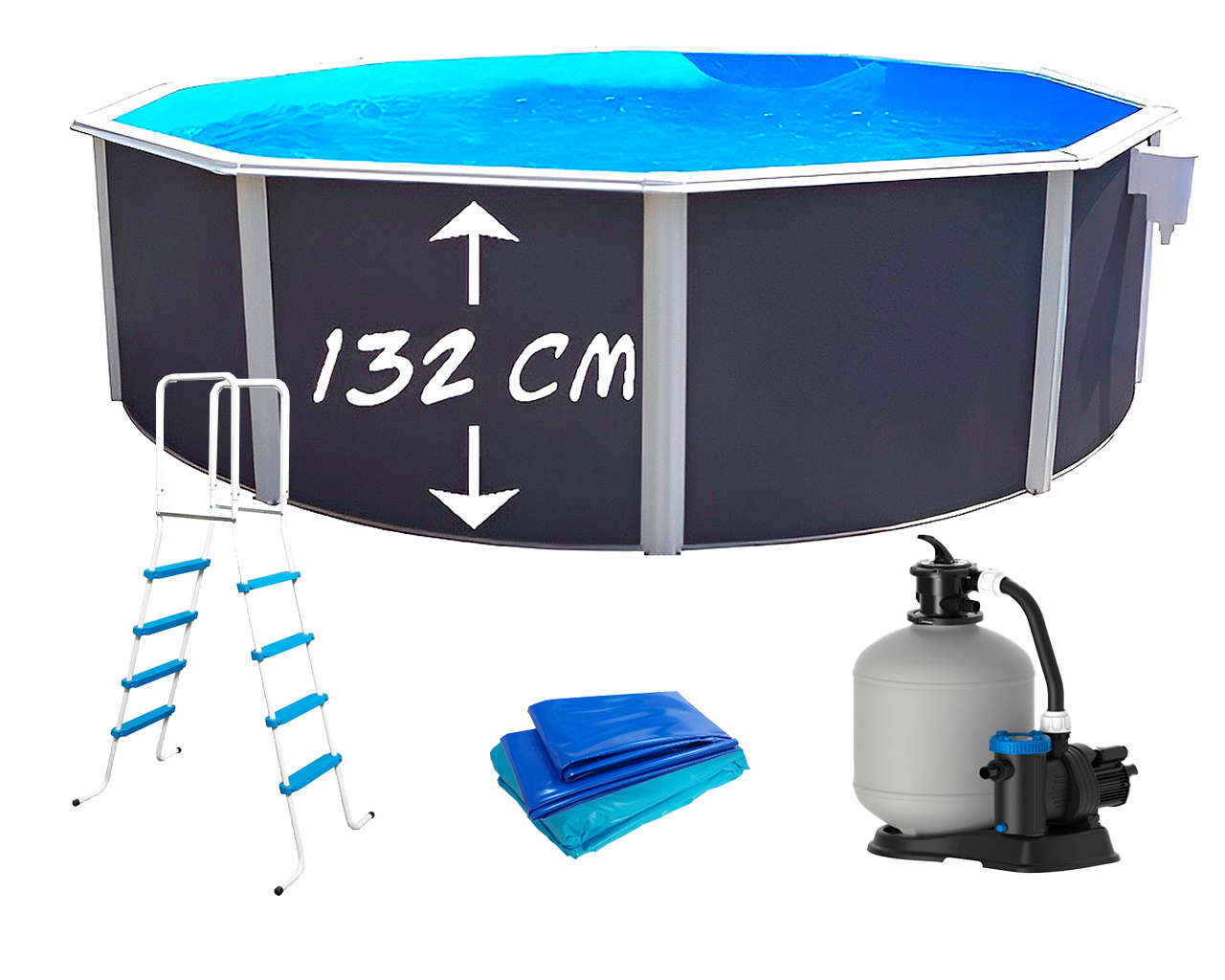 Kit piscine hors-sol acier Toi ANTHRACITE PRESTIGIO ronde Ø350x132cm liner 0.60mm