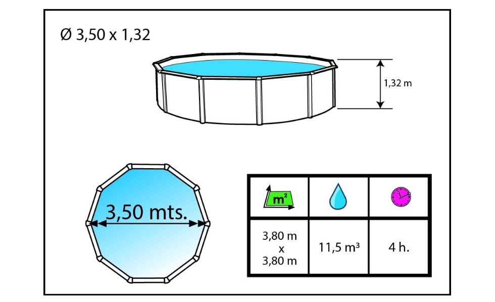 Kit piscine hors-sol acier Toi ANTHRACITE PRESTIGIO ronde Ø350x132cm liner 0.60mm - Dimensions de la piscine Toi PRESTIGIO 