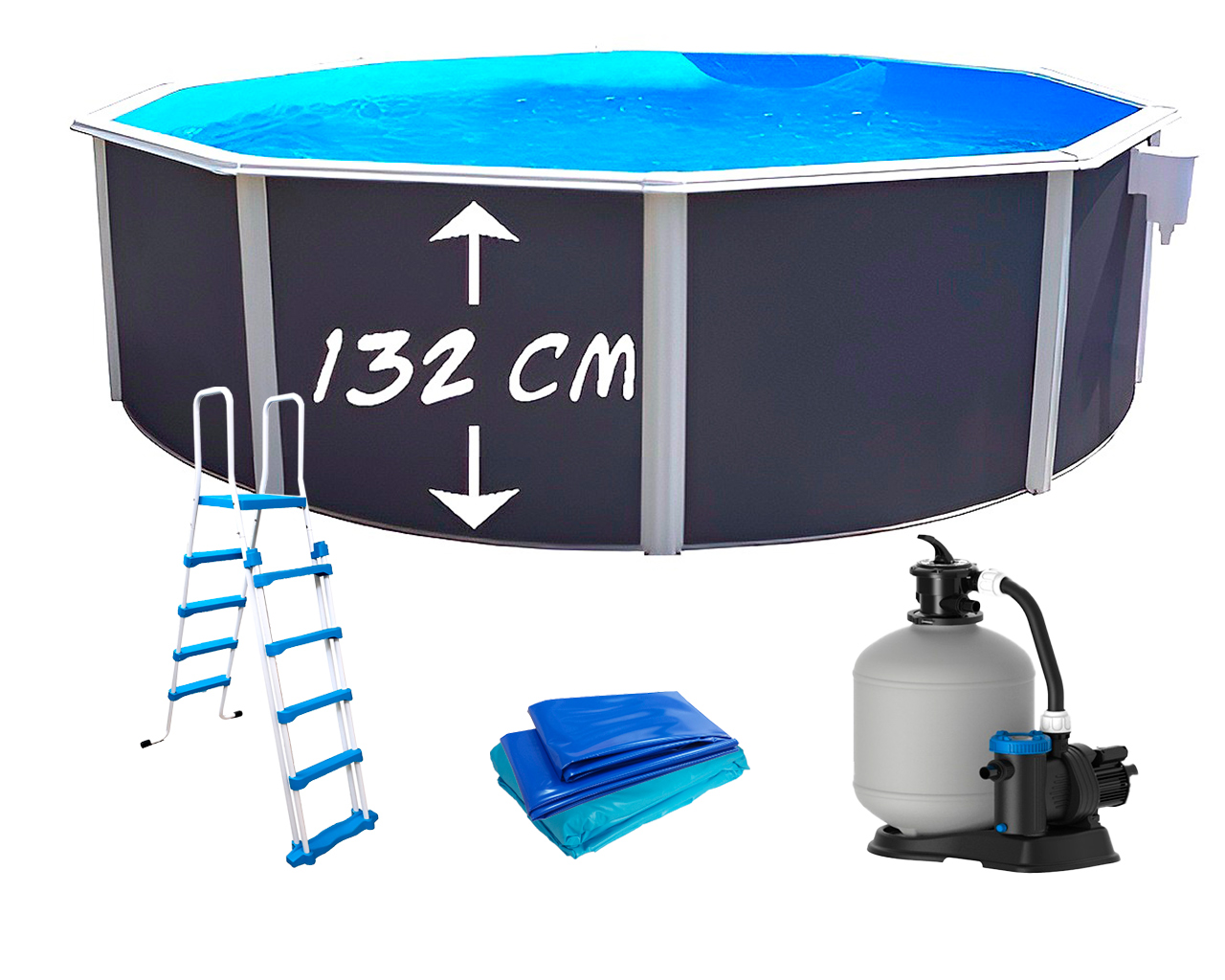 Kit piscine hors-sol acier Toi ANTHRACITE PRESTIGIO ronde Ø350x132cm liner 0.60mm