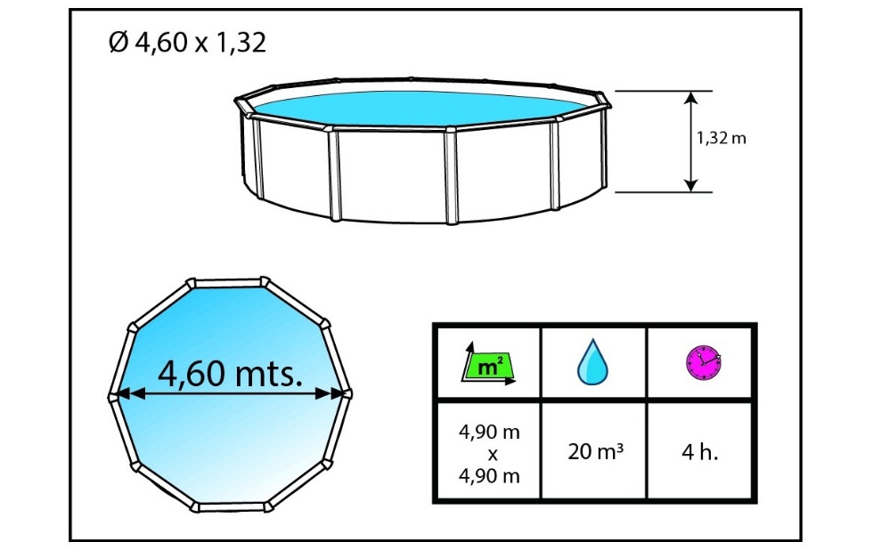 Kit piscine hors-sol acier Toi ANTHRACITE PRESTIGIO ronde Ø460x132cm liner 0.60mm - Dimensions de la piscine Toi PRESTIGIO