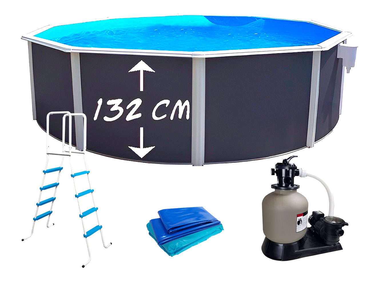Kit piscine hors-sol acier Toi ANTHRACITE PRESTIGIO ronde Ø550x132cm liner 0.60mm