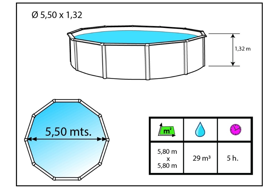 Kit piscine hors-sol acier Toi ANTHRACITE PRESTIGIO ronde Ø550x132cm liner 0.60mm - Dimensions de la piscine Toi PRESTIGIO