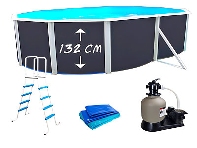 Kit piscine hors-sol acier Toi ANTHRACITE PRESTIGIO ovale 550X366X132cm filtre a sable