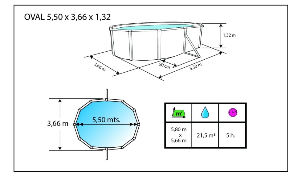 Kit piscine hors-sol acier Toi ANTHRACITE PRESTIGIO ovale 550X366X132cm filtre a sable - Dimensions de la piscine Toi PRESTIGIO