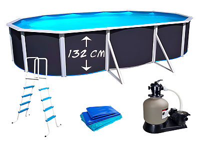 Kit piscine hors-sol acier Toi ANTHRACITE PRESTIGIO ovale 640X366X132cm filtre a sable