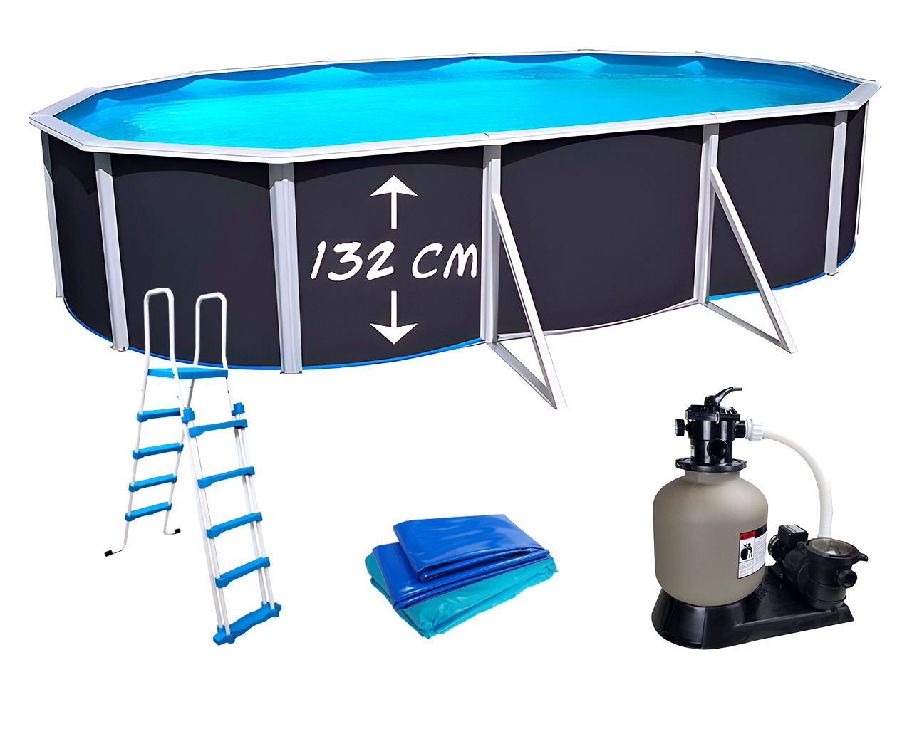 Kit piscine hors-sol acier Toi ANTHRACITE PRESTIGIO ovale 640X366X132cm filtre a sable