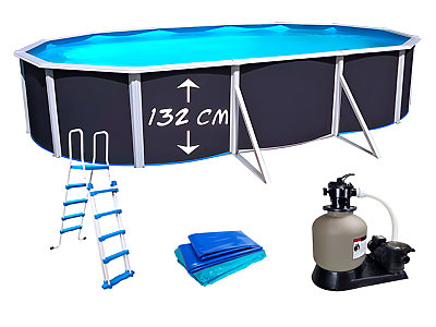 Kit piscine hors-sol acier Toi ANTHRACITE PRESTIGIO ovale 640X366X132cm filtre a sable