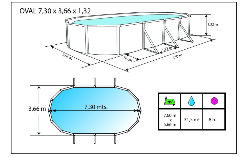 Kit piscine hors-sol acier Toi ANTHRACITE PRESTIGIO ovale 730X366X132cm filtre a sable - Dimensions de la piscine Toi PRESTIGIO