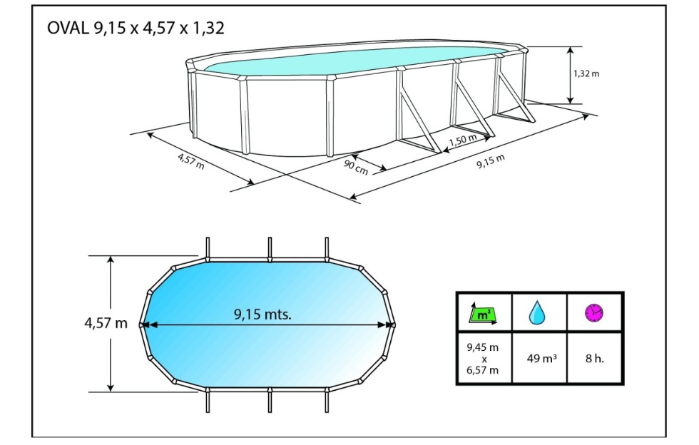 Kit piscine hors-sol acier Toi ANTHRACITE PRESTIGIO ovale 915X457X132cm filtre a sable - Dimensions de la piscine Toi PRESTIGIO