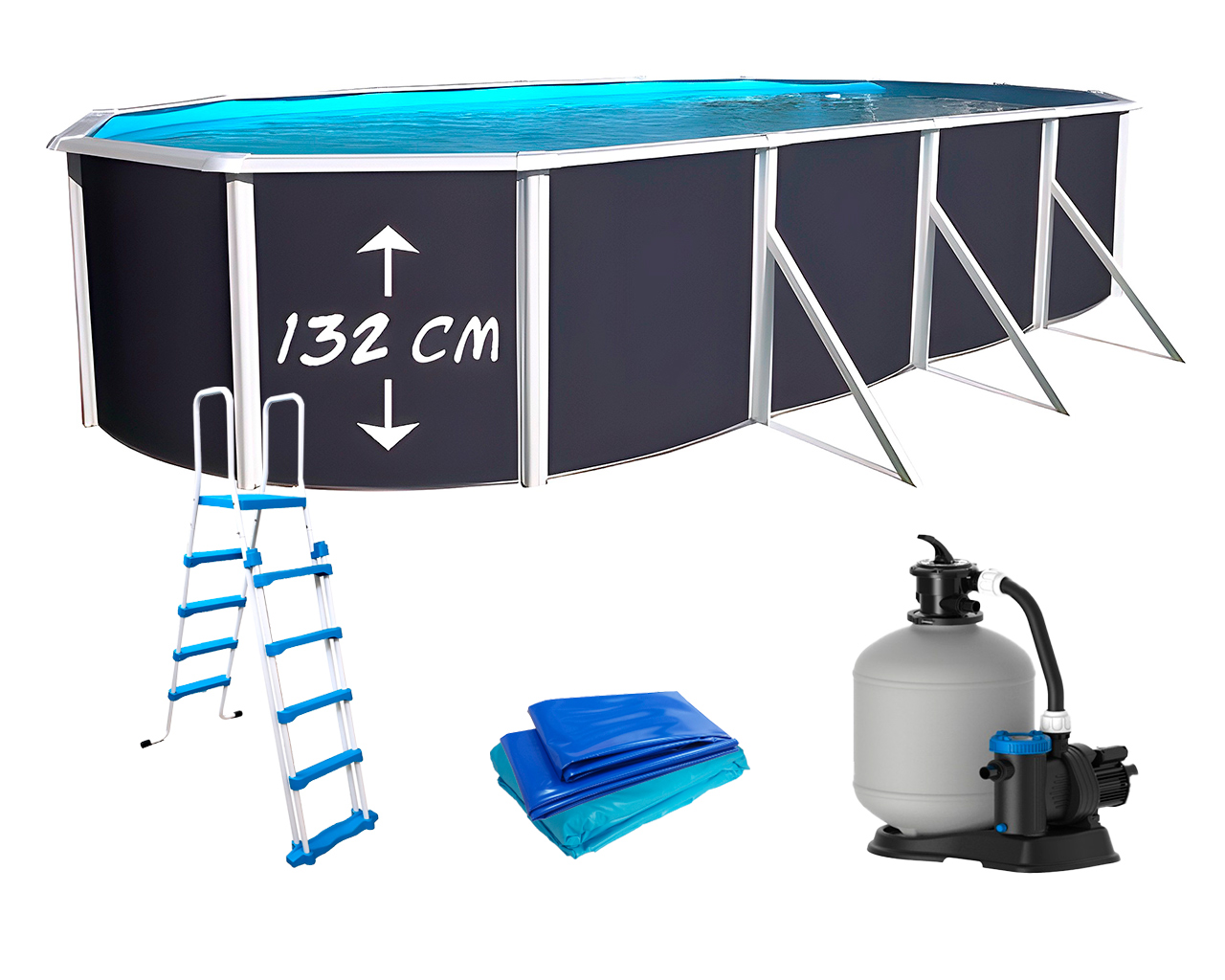 Kit piscine hors-sol acier Toi ANTHRACITE PRESTIGIO ovale 915X457X132cm filtre a sable