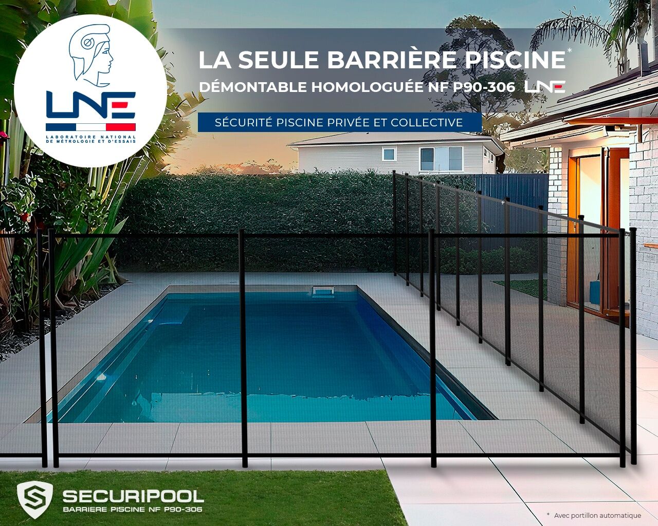 Barriere piscine demontable SECURIPOOL Noire 9m fixations 16mm NF P90-306 LNE