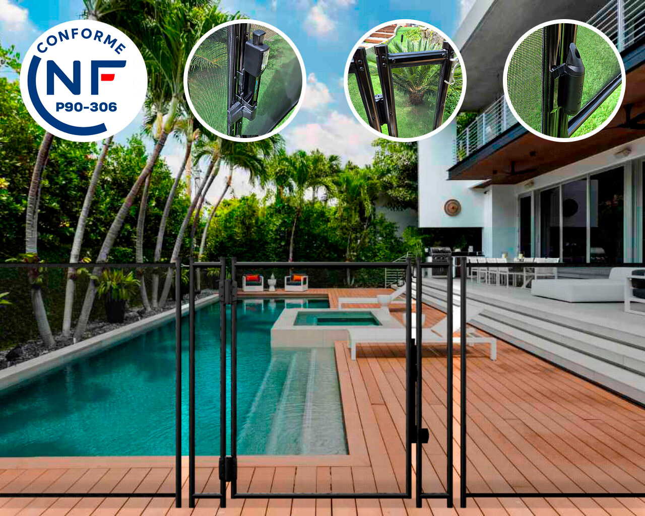 Portillon automatique SECURIPOOL 130cm Noir fixations 16mm barriere piscine demontable