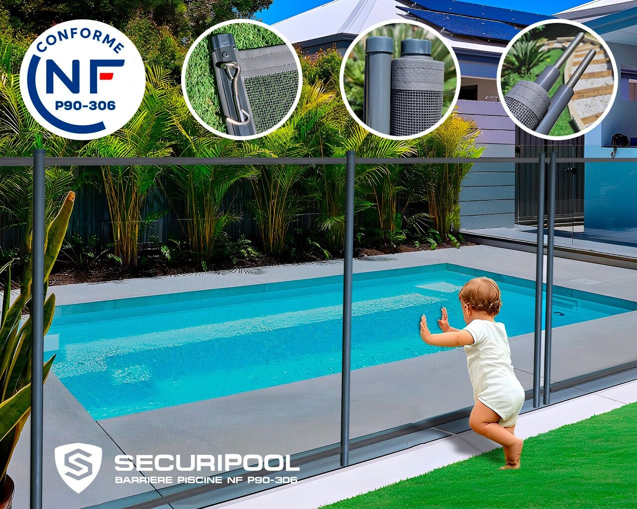 Barriere piscine demontable SECURIPOOL Gris Anthracite 10m fixations 16mm