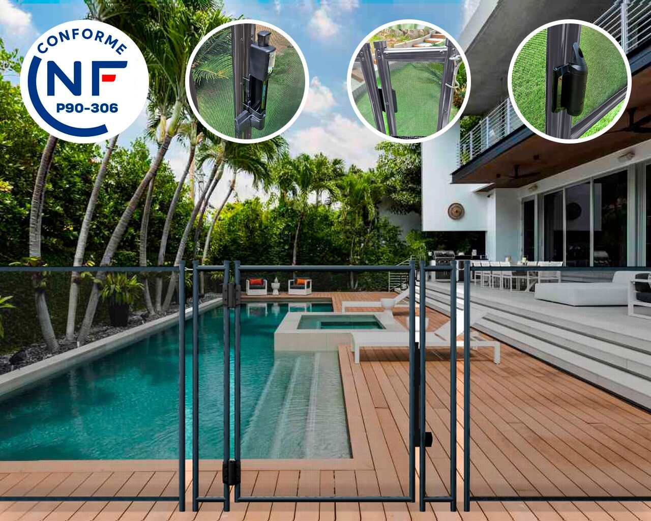 Portillon automatique SECURIPOOL 130cm Gris Anthracite fixations 16mm barriere piscine demontable